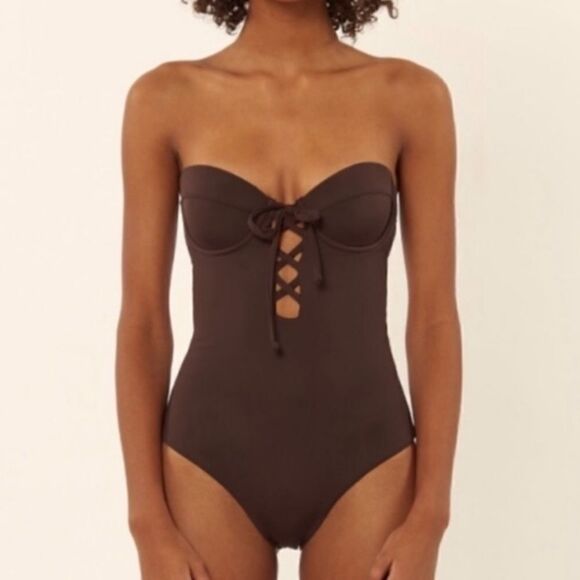 NEW Mara Hoffman Lattice Underwire One Piece Swimsuit Brown Size XL - Picture 14 of 14